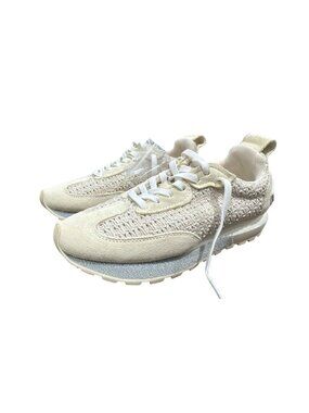 Vintage-Style Beige SIZE 6 Athletic Sneakers With Woven Knit Upper & Suede Accen
